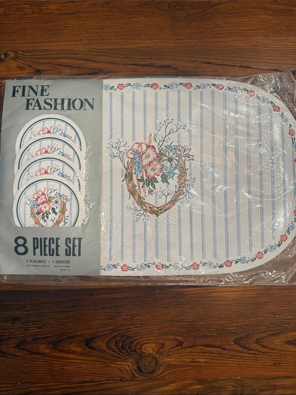VINTAGE Fashion 8-Piece Floral Placemat & Coaster Set - White with Pink & Blue
